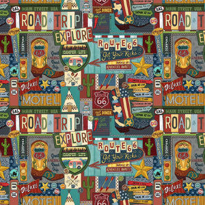 Adventure Awaits Fabric by Blank Quilting, Road Trip Allover, Route 66, Road Trip