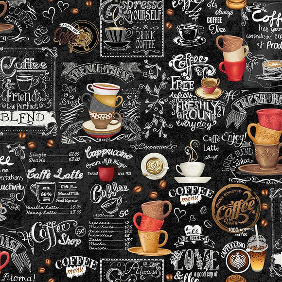 Just Brew It, Coffee Chalkboard Fabric by Timeless Treasures, Rise and Grind
