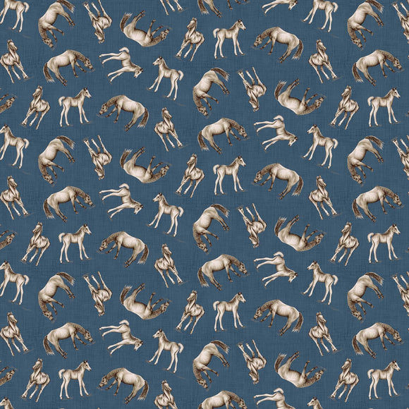 Cottonwood Stables Horse Toile Allover Fabric by Henry Glass, Blue