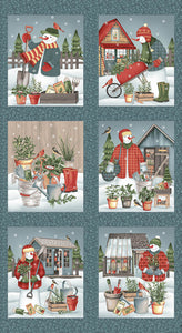 Gardening Snowmen Fabric Blocks Panel by Henry Glass, Winter Holiday Fabric