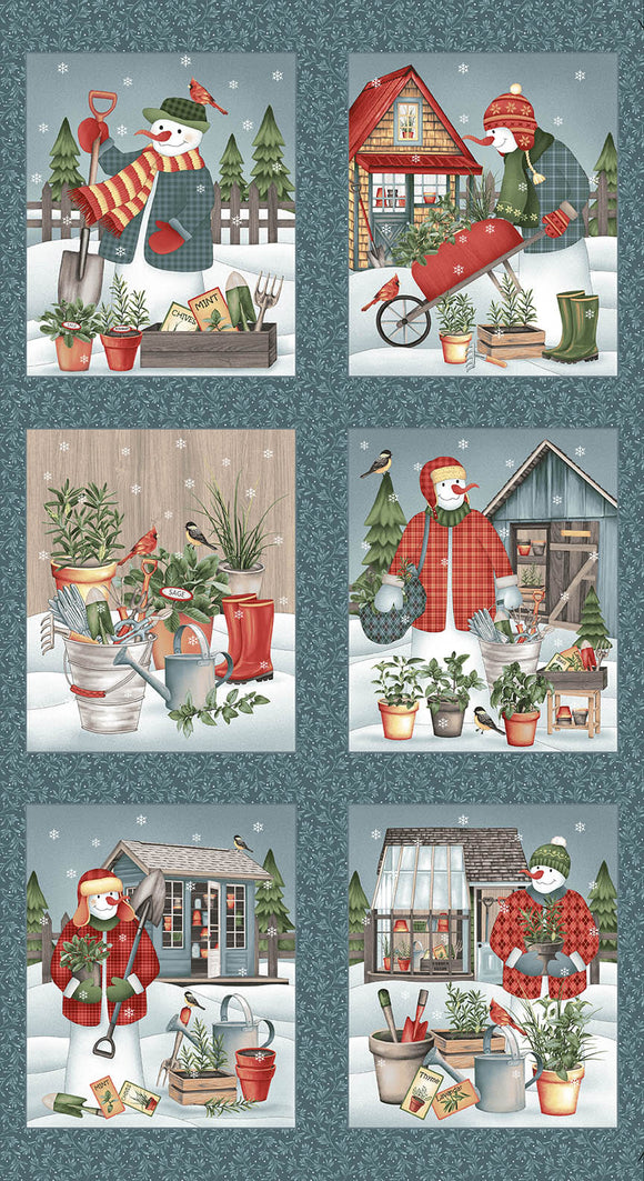 Gardening Snowmen Fabric Blocks Panel by Henry Glass, Winter Holiday Fabric
