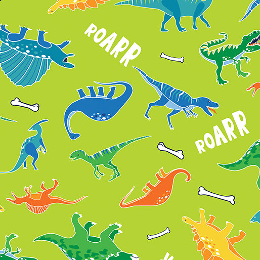 Glow-O-Saurus Dino Friends Lime Fabric by Benartex, Dinosaurs Fabric