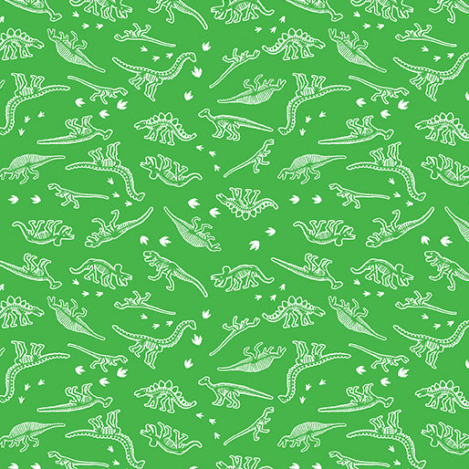 Glow-O-Saurus Mini Dino Skeletons Green Fabric by Benartex, Dinosaurs Fabric