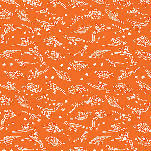 Glow-O-Saurus Mini Dino Skeletons Orange Fabric by Benartex, Dinosaurs Fabric