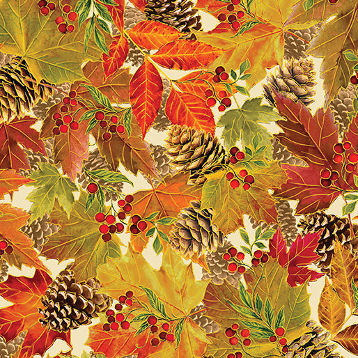 Harvest Festival Leaves & Pinecones Cream Fabric by Benartex, Gold Metallic, Fall Fabric