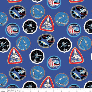 11" x 44" Out of This World NASA Astronaut Patches on Blue Cotton Fabric, Riley Blake