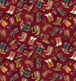 Yellowstone Cowboy Boots Brick Red, Fabric by Benartex, Western Fabric