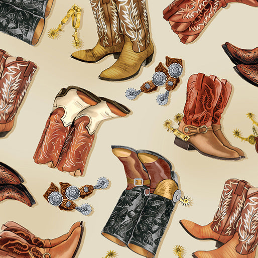 Yellowstone Cowboy Boots Ecru, Fabric by Benartex, Western Fabric