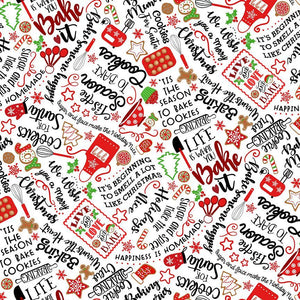 Baking Cookies & Text Fabric by Timeless Treasures, White