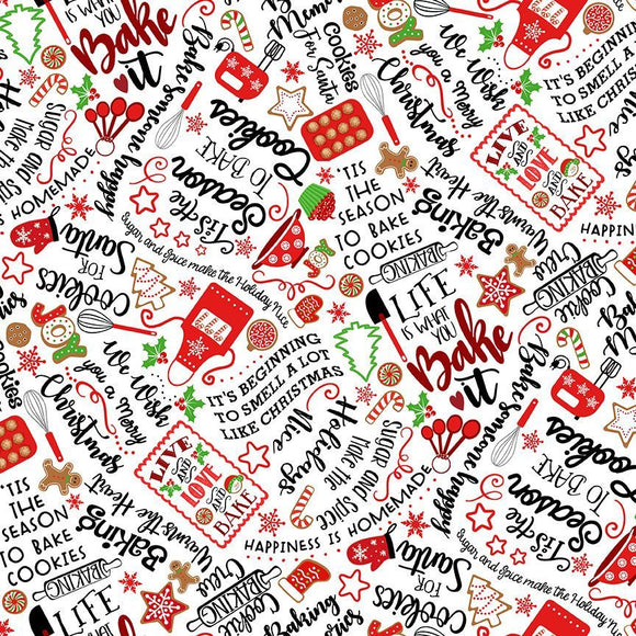 Baking Cookies & Text Fabric by Timeless Treasures, White