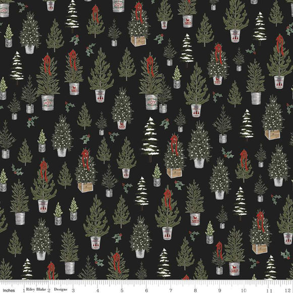 Farmhouse Christmas Fabric, Riley Blake Designs, Pine Trees on Black