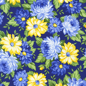 13" x 44" Flowerhouse Sunshine Fabric, Robert Kaufman, Yellow and Blue Flowers