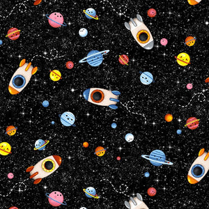 Hula Universe Fabric by Michael Miller, Fly By on Black, Outer Space, Planets