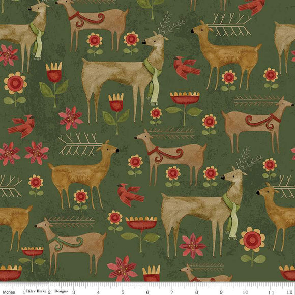 Kringle Garden Green Fabric by Riley Blake Designs, Christmas Fabric, Deer