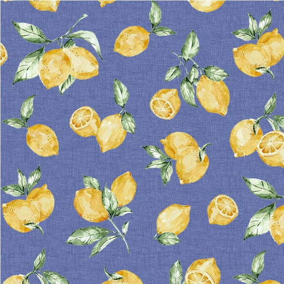 Limoncello Lemon Fabric by Michael Miller, Limoni, Blue Denim, Citrus Fruit Fabric