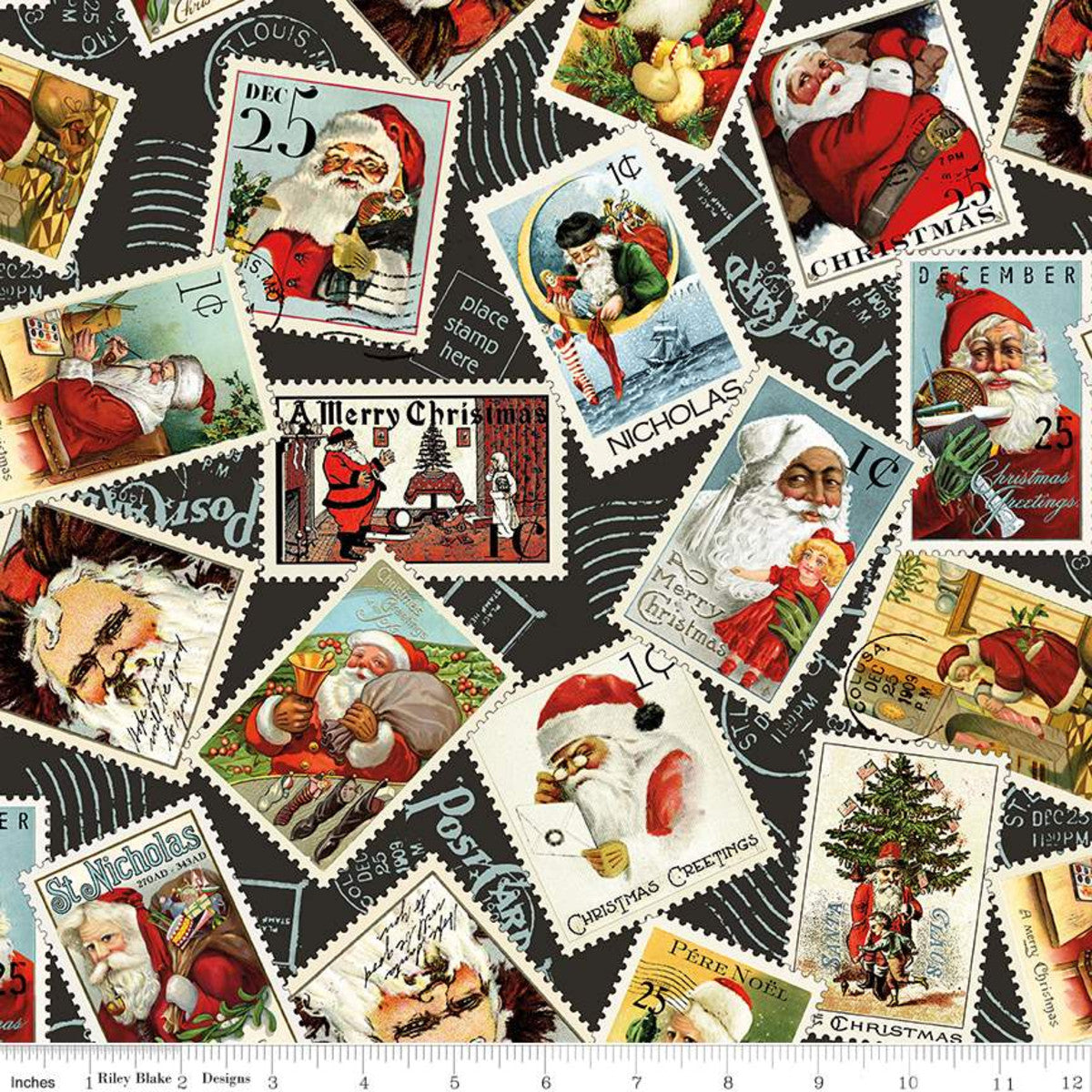 Nicholas Santa Stamps, Black Christmas Fabric, by Riley Blake, J. Weck –  Addicted to Fabric