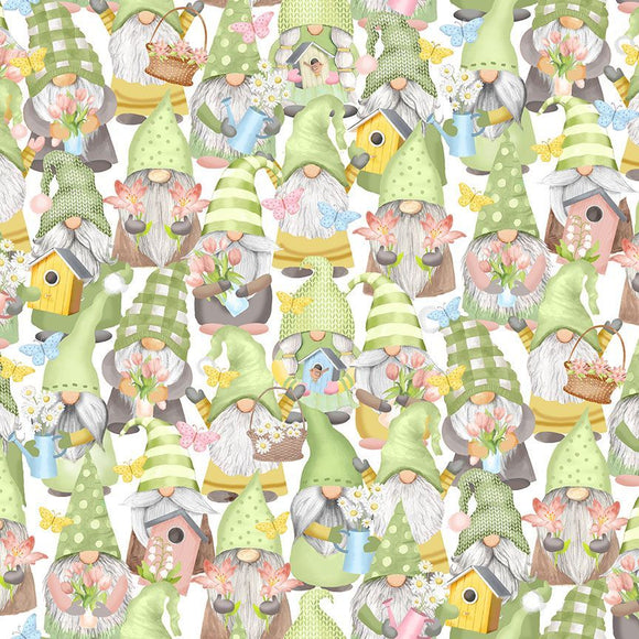 Gnome Grown Spring Gnome and Bird Cage Fabric by Timeless Treasures, Springtime Gnomes