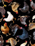 Tossed Hens Fabric by Timeless Treasures, Chickens on Black Fabric