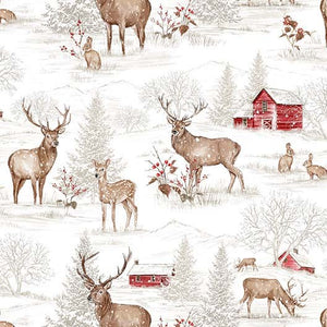 Winter Solstice Snow Drifts Fabric by Michael Miller, White, Deer, Barn, Cabin