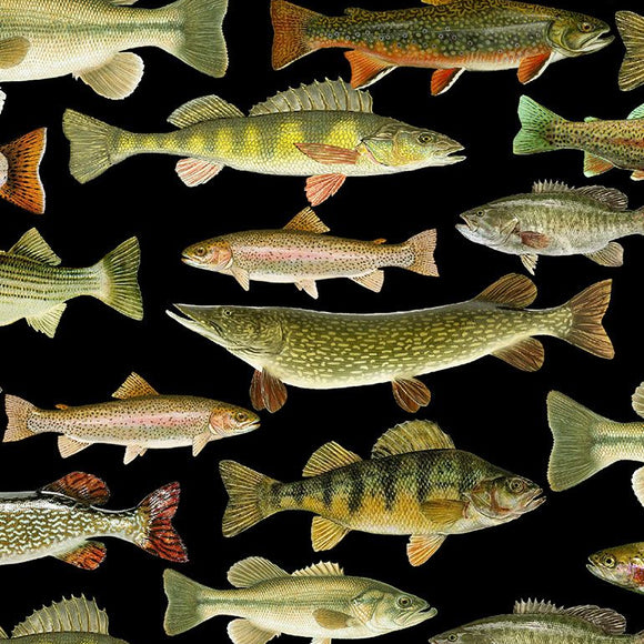 Fishing Fabric, Lakeside Cabin Collection by Timeless Treasures, Trout, Salmon, Quilting Fabric