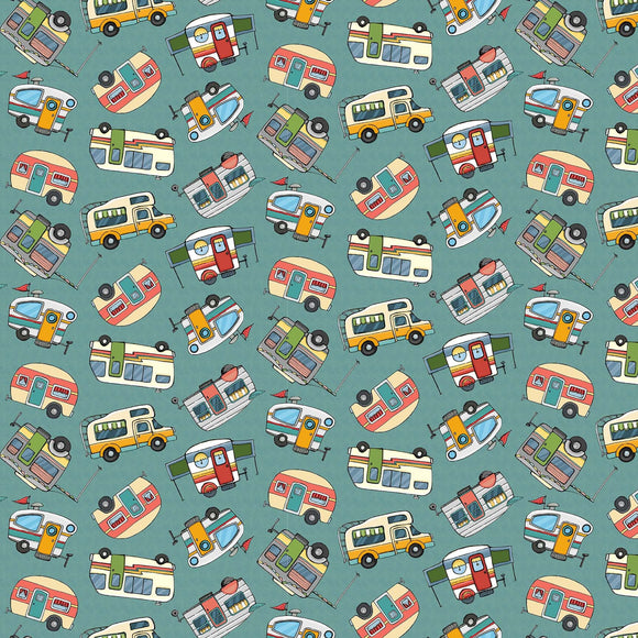 Adventure Awaits Fabric by Blank Quilting, Campers, Travel Trailers, Route 66, Road Trip