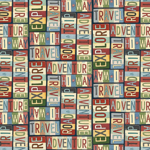 Adventure Awaits Fabric by Blank Quilting, Travel Words, Route 66, Road Trip