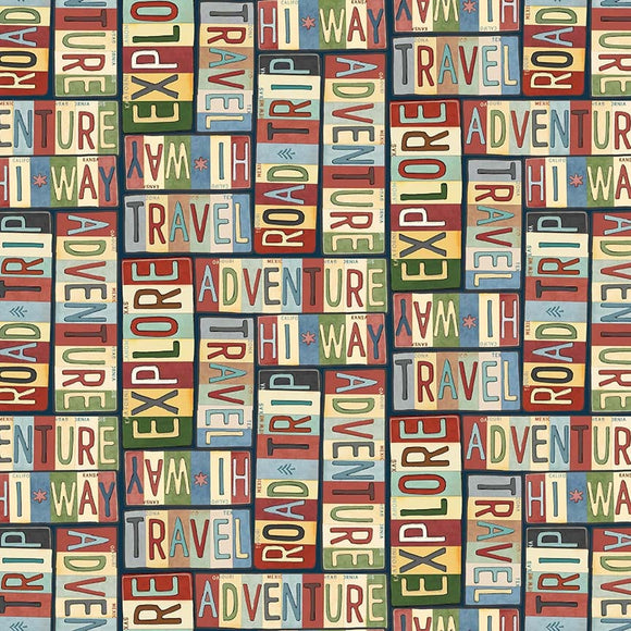 Adventure Awaits Fabric by Blank Quilting, Travel Words, Route 66, Road Trip