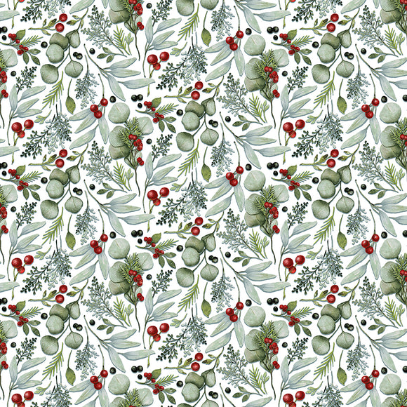 Winter White Tossed Greenery Fabric by Studio E, Winter Holiday Fabric