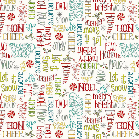 Season's Greetings, A Very Terri Christmas, Words on White Fabric by Windham, Christmas Fabric