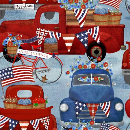 Blue American Trucks, American Spirit, Fabric by 3 Wishes Patriotic Pickup Trucks