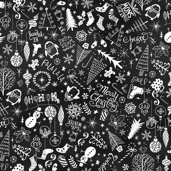 Assorted Christmas Chalkboard Fabric by Timeless Treasures, Words on Black
