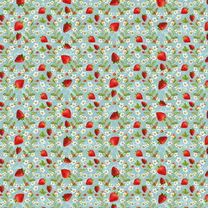 Berry Sweet Strawberries & Flowers Fabric by Timeless Treasures, Sky Blue