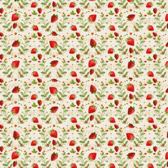 Berry Sweet Strawberries and Flowers Fabric by Timeless Treasures, Ecru, Cream