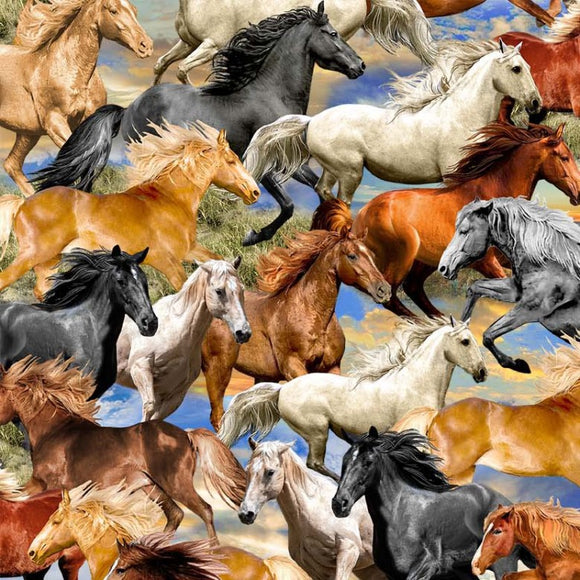 Big Sky Country Fabric by Michael Miller, Freedom Blue, Western, Horses