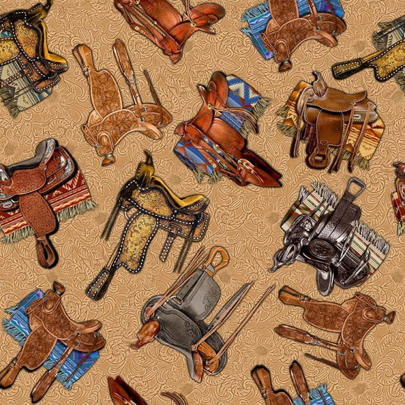 Big Sky Country Fabric by Michael Miller, Saddled on Caramel, Western Fabric, Horse Saddles