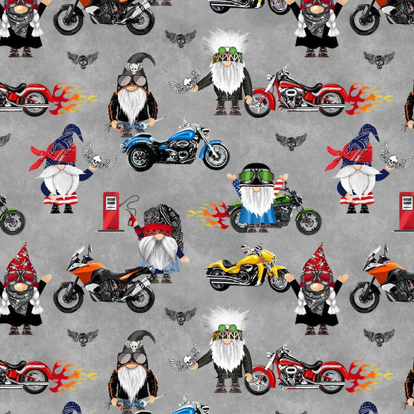 Biker Gnomes Fabric by Timeless Treasures, Motorcycle Gnomes