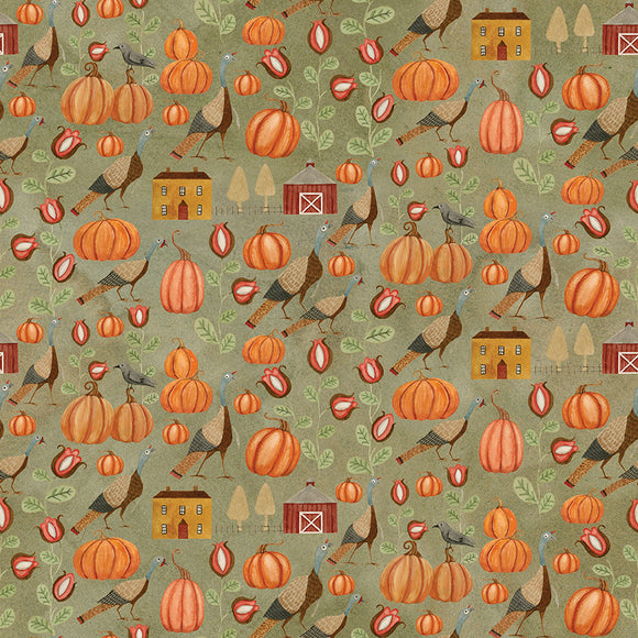 Bittersweet Farm Turkey Hollow Olive Green Fabric by Riley Blake Designs, Thanksgiving Fall