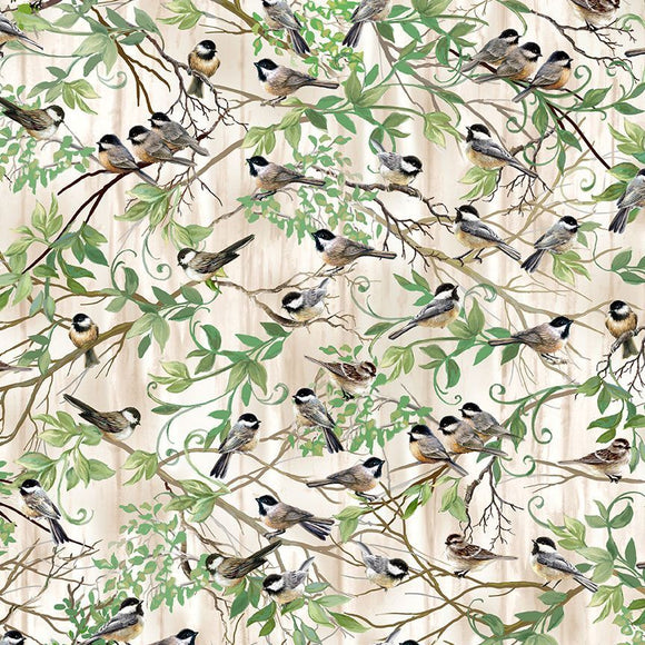 Chickadee in Branches Fabric by Timeless Treasures, Bird Fabric, Birdhouse Bloom