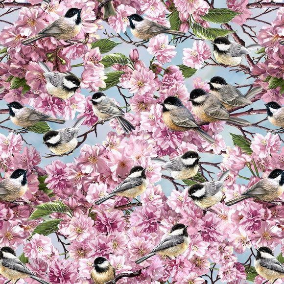 Chickadee on Blossom Tree Fabric by Timeless Treasures, Bird Fabric, Chickadees