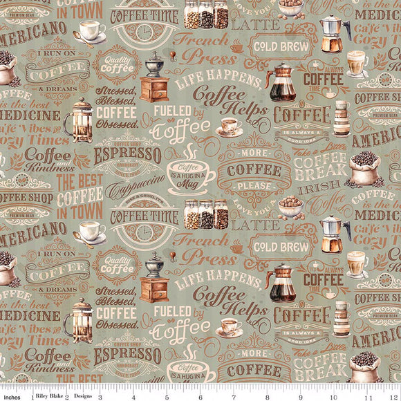 Coffee Time Text Sage Fabric by Riley Blake Designs, Quilting Fabric ...