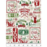 Comfort and Joy Christmas Fabric, Timeless Treasures, Christmas Patch on Wood Background