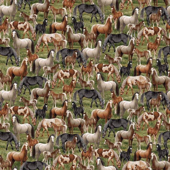 Cottonwood Stables Horse Allover Fabric by Henry Glass, Horses, Sage