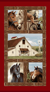 Cottonwood Stables Horse Panel 24" x 44" Fabric by Henry Glass, Blocks, Barns, Horses