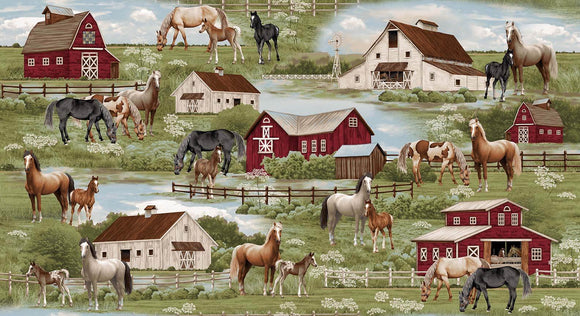 Cottonwood Stables Horse Scenic Fabric by Henry Glass, Horses, Barns