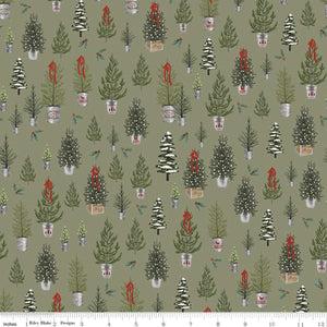 18" x 22" Farmhouse Christmas Fabric, Riley Blake Designs, Pine Trees on Sage, Green