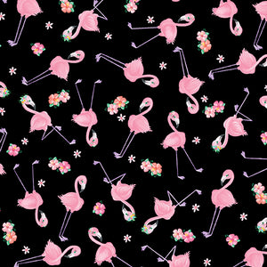 Flamingal Pals Fabric by Benartex, Mini Flamingos on Black, Friendship Fabric