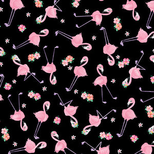 26" x 44" Flamingal Pals Fabric by Benartex, Mini Flamingos on Black, Friendship Fabric