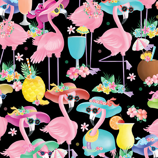 Flamingal Pals Fabric by Benartex, Flamingal Fun, Flamingos on Black, Friendship