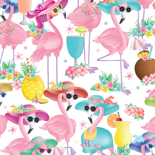 Flamingal Pals Fabric by Benartex, Flamingal Fun, Flamingos on White, Friendship