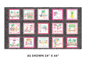Flamingal Pals Fabric Panel by Benartex, Flamingal Boxes on Black, Flamingo Panel, Friendship